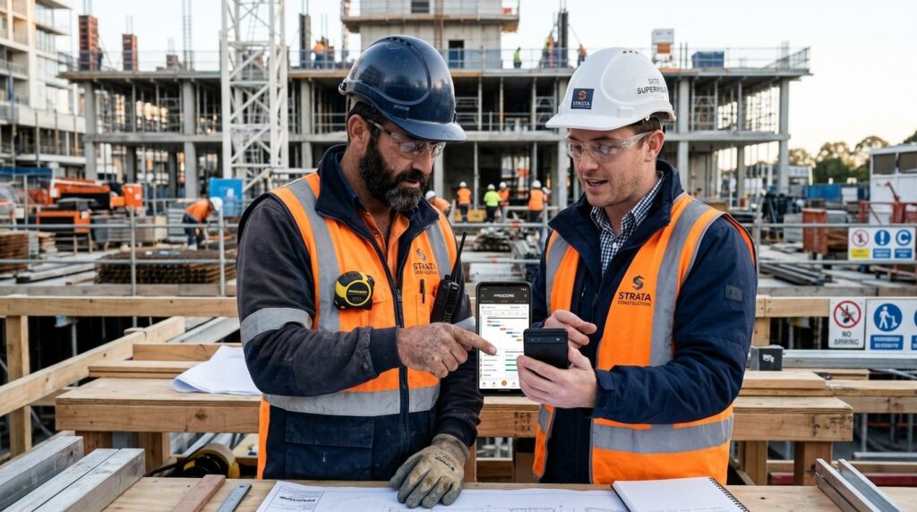 Close-up photograph of a skilled tradesman and site supervis