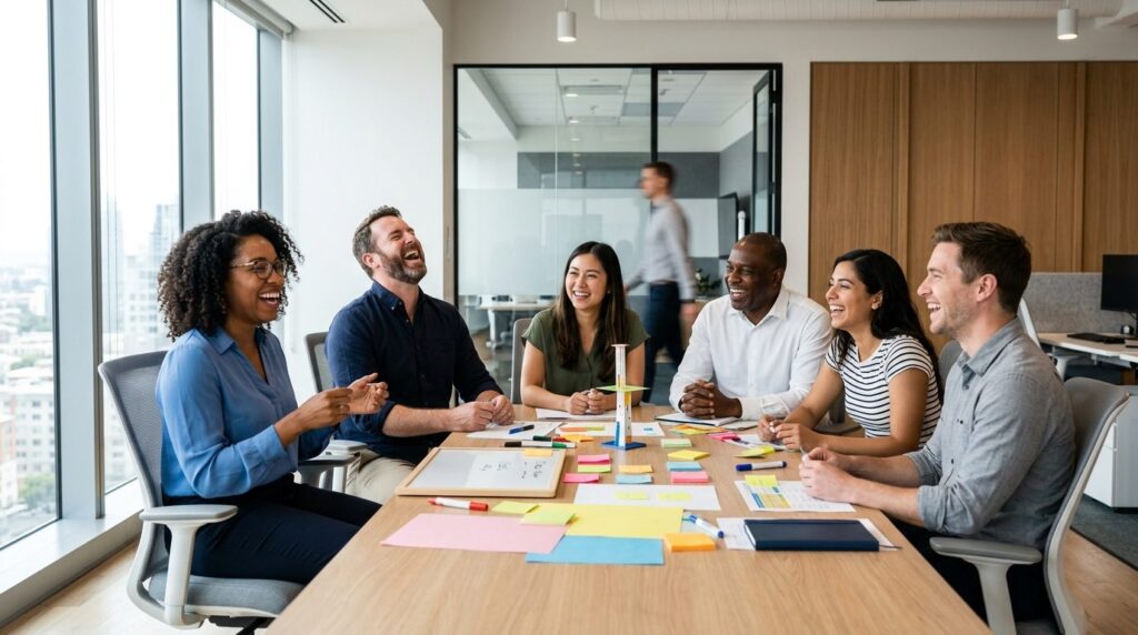 Group of happy employees sharing a laugh during a team build