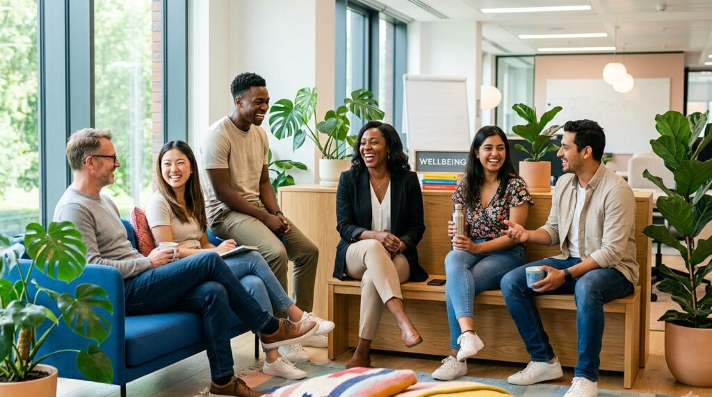 Confident HR manager and business team members relaxing and 