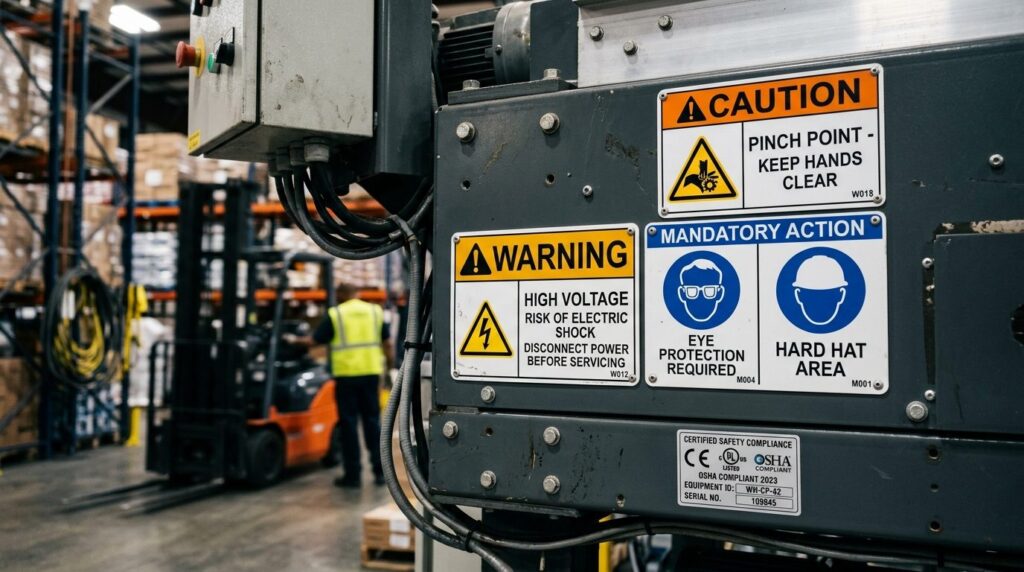 Close-up of certified safety signs and warning labels on ind