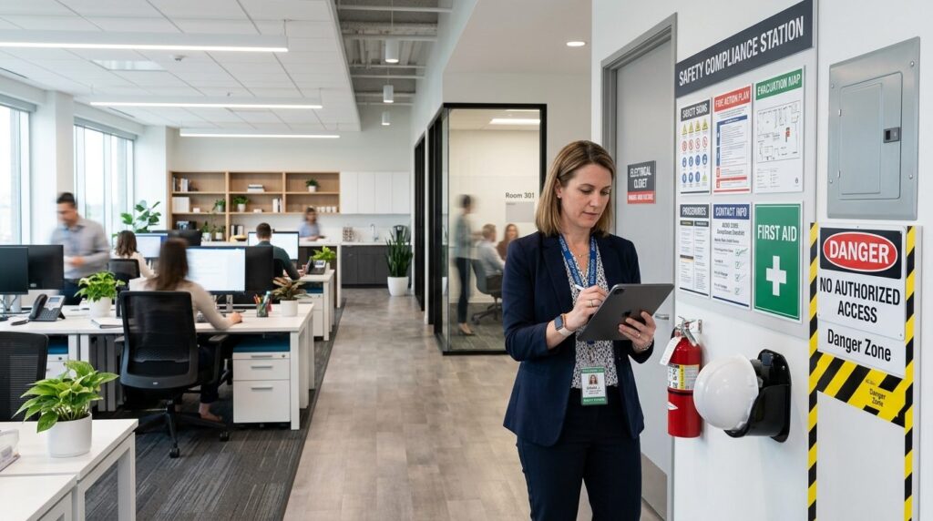 Office manager or safety officer reviewing digital complianc