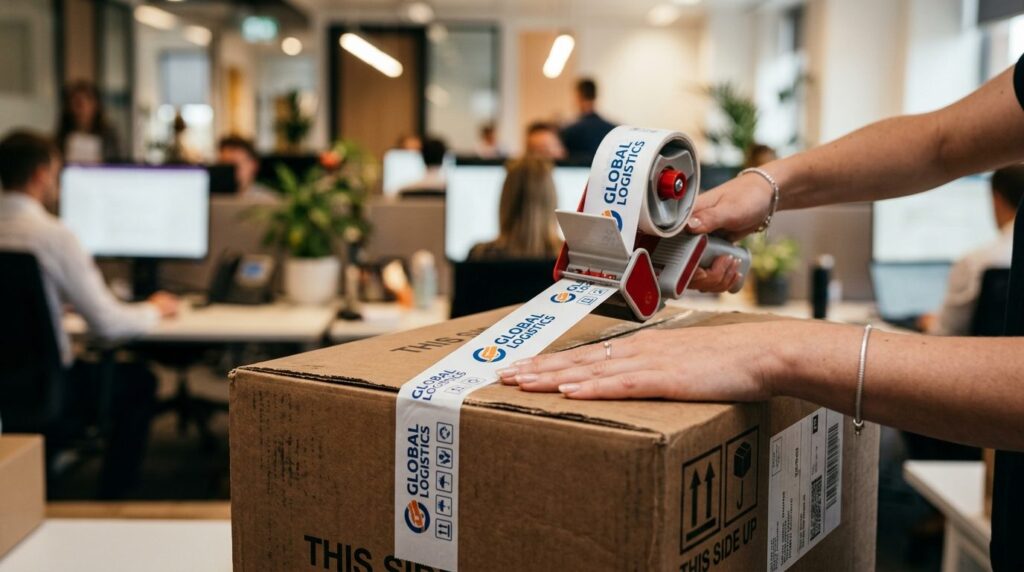 Close-up shot of branded logo tape being applied to a cardbo