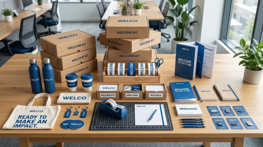 Overhead flat lay of an organized welcome package assembly s
