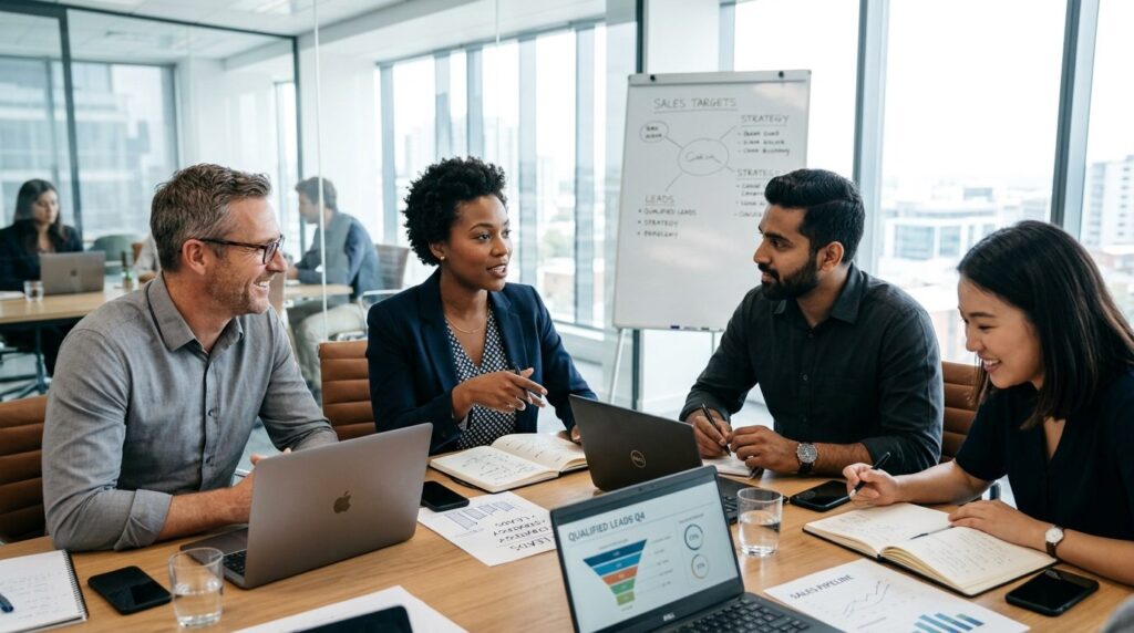 Close-up of diverse sales team in conference room discussing