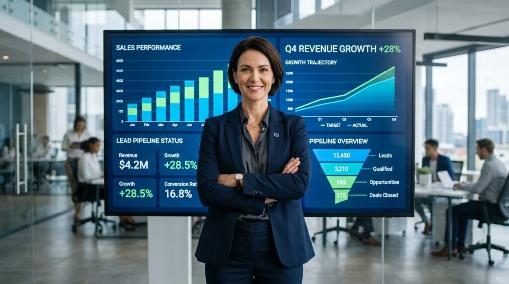 Female sales director standing confidently with arms crossed