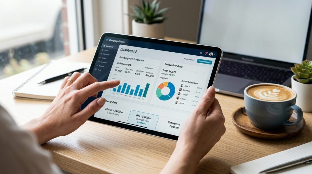 Close-up of hands holding tablet showing email marketing sof