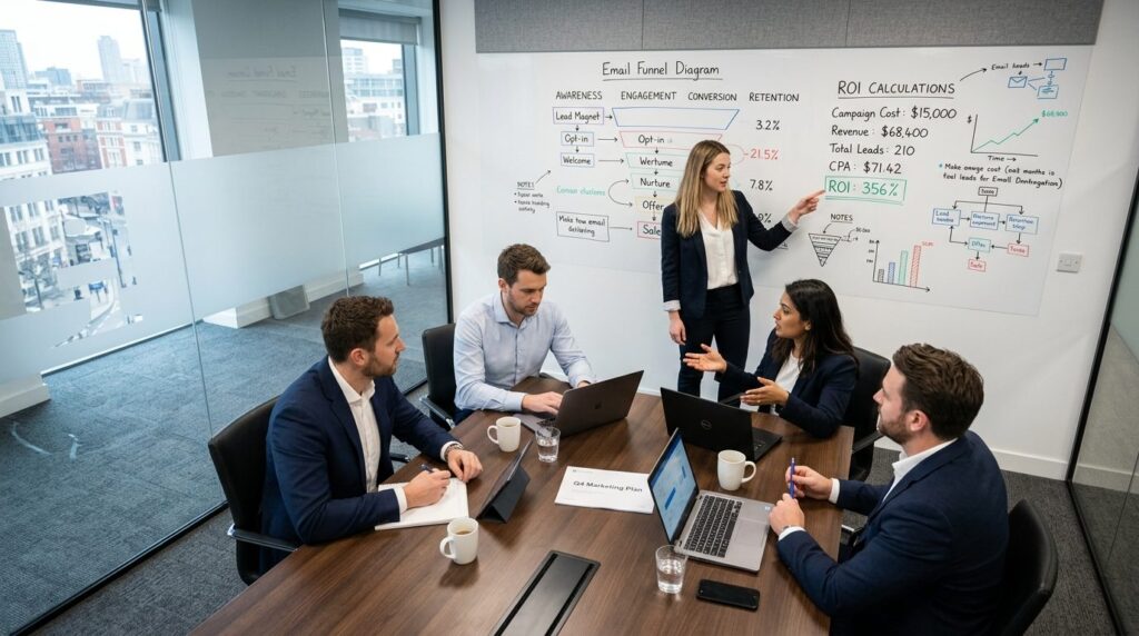 Team of professionals in collaborative meeting room discussi