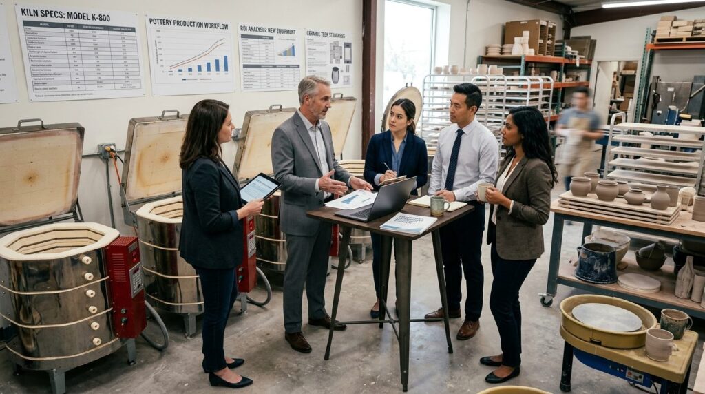 Business meeting in a ceramic arts facility: managers and de