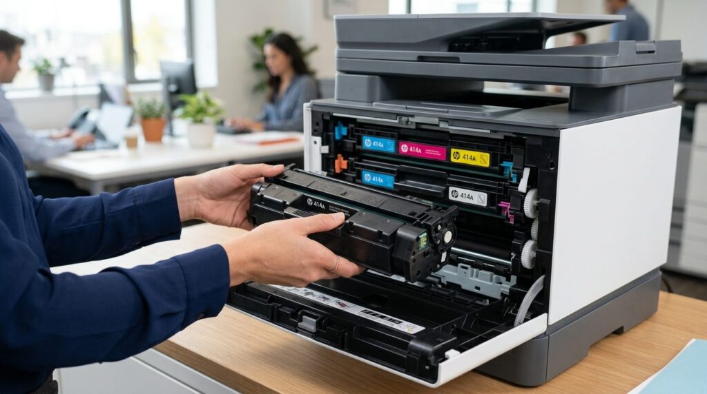 Close-up of hands inserting a laser printer toner cartridge 