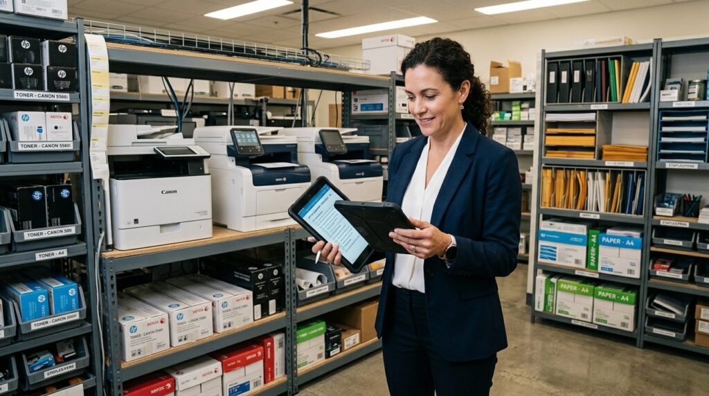 Confident office manager standing in front of office equipme