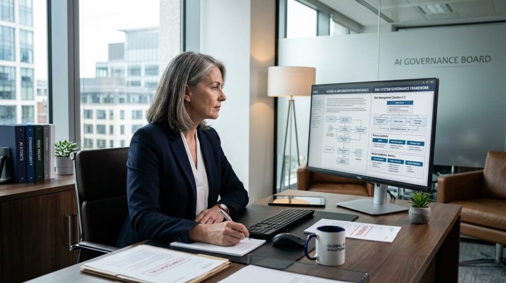 Senior manager reviewing secure AI implementation protocols 