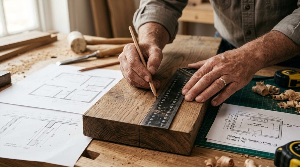 Close-up fotorealistic stock photo of a skilled carpenters 