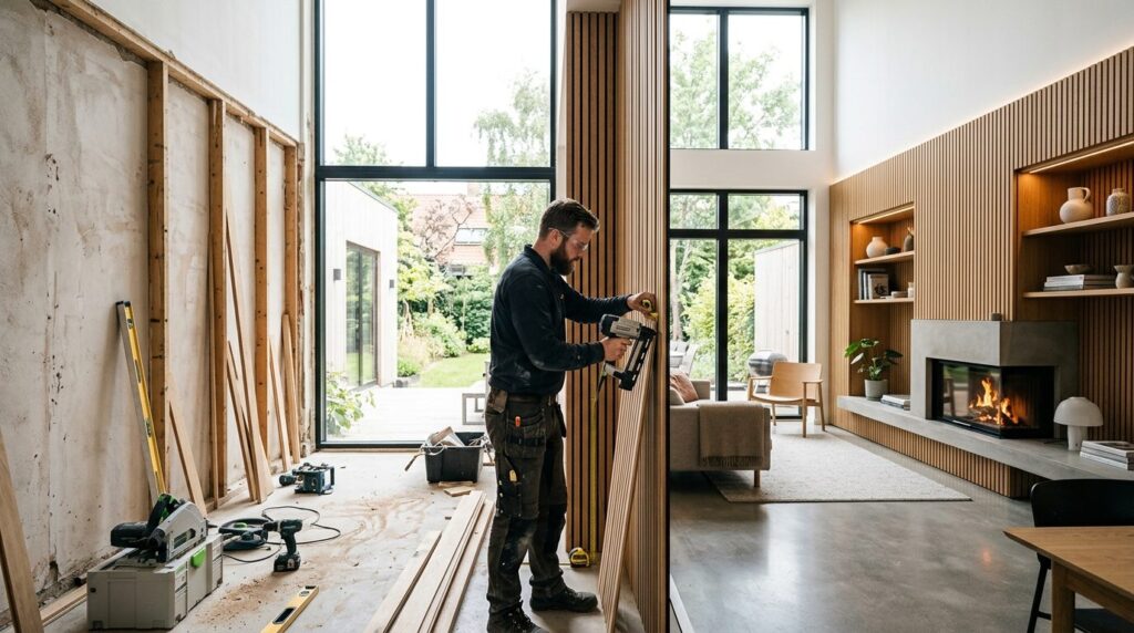 Fotorealistic image of a modern Danish home undergoing strat